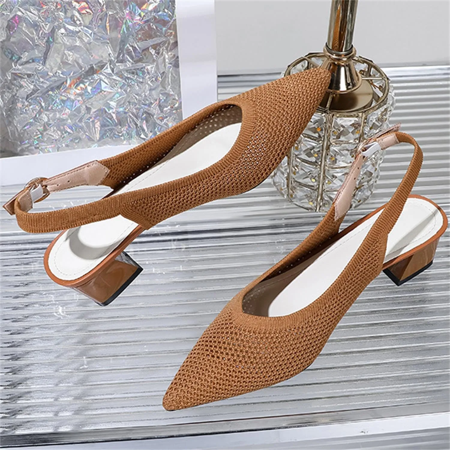 Women's Slingback Block Heel Pumps Ladies Closed Pointed Toe Weave Sandals Evening Dress Heels