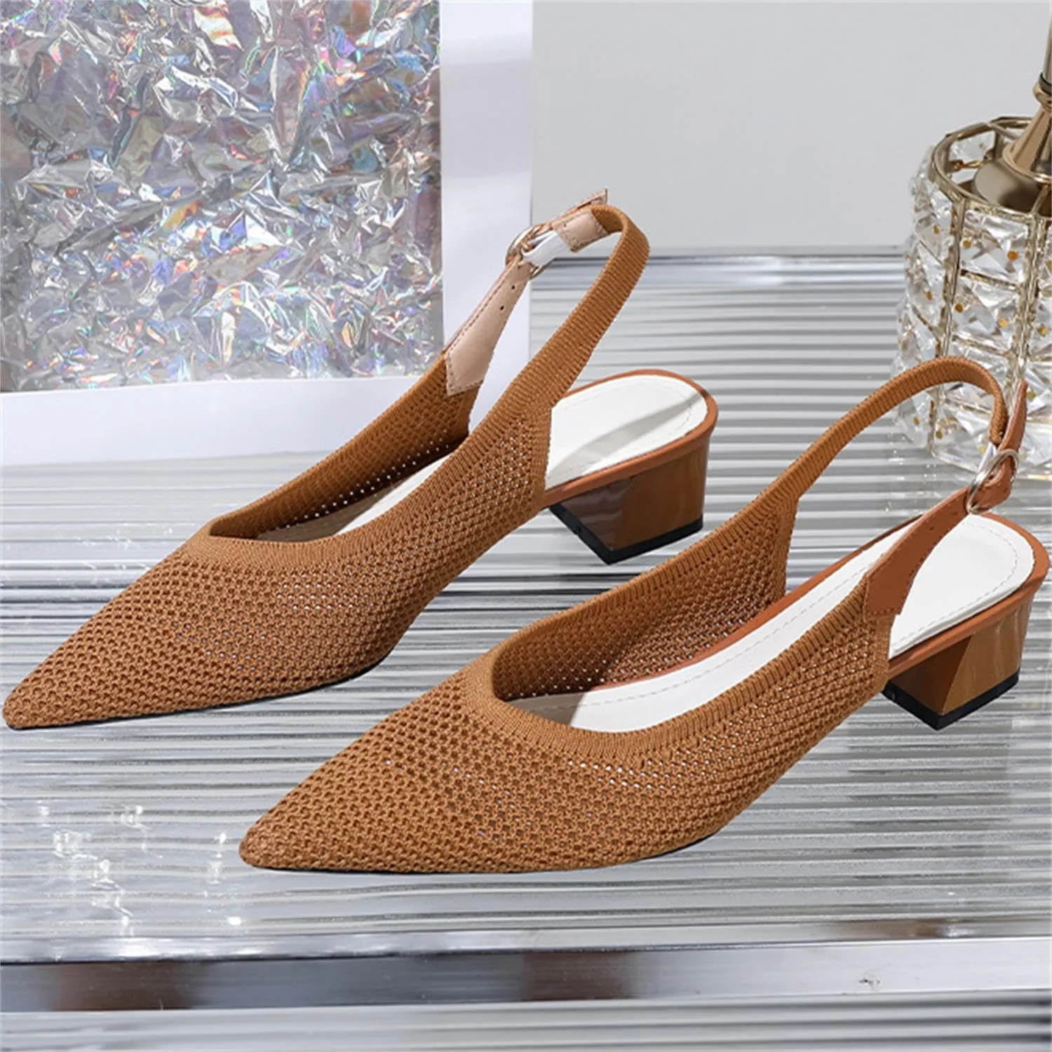 Women's Slingback Block Heel Pumps Ladies Closed Pointed Toe Weave Sandals Evening Dress Heels