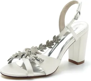 Women's Slingback Court Shoes Satin Rhinestones Block Heel Bridal Pumps Closed Toe Wedding Dress Sandals