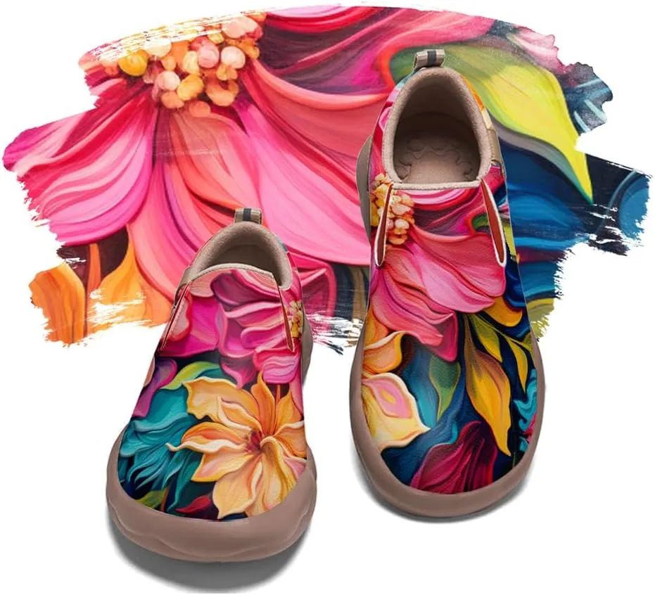 Women's Slip On Sneakers Casual Loafers Microfiber Art Painted Comfort Soft Walking Shoes Colorful Flowers