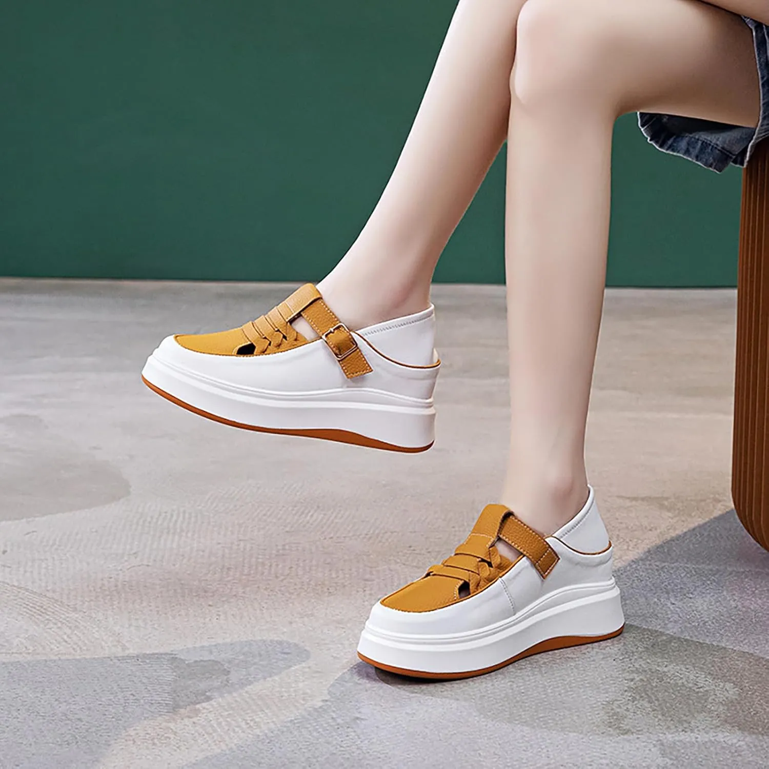 Women's Soft Leather Platform Height Increasing Sneakers,Fashion Hollow Woven Hook & Loop Breathable Round Toe Casual Walking Shoes Outdoor Comfortable Slip on Sandals