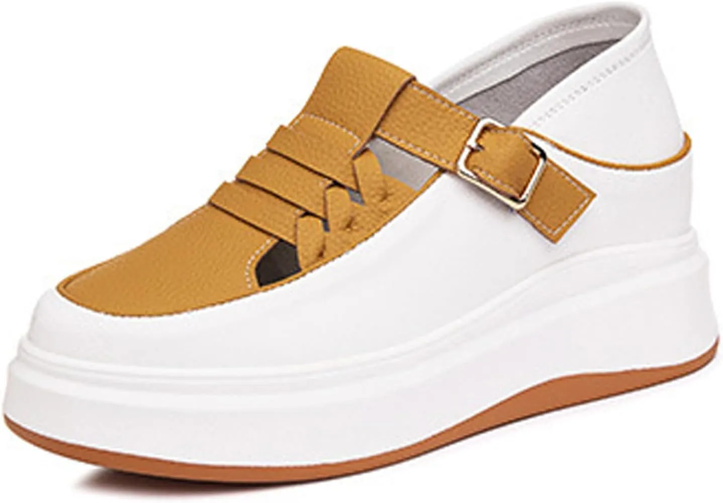 Women's Soft Leather Platform Height Increasing Sneakers,Fashion Hollow Woven Hook & Loop Breathable Round Toe Casual Walking Shoes Outdoor Comfortable Slip on Sandals