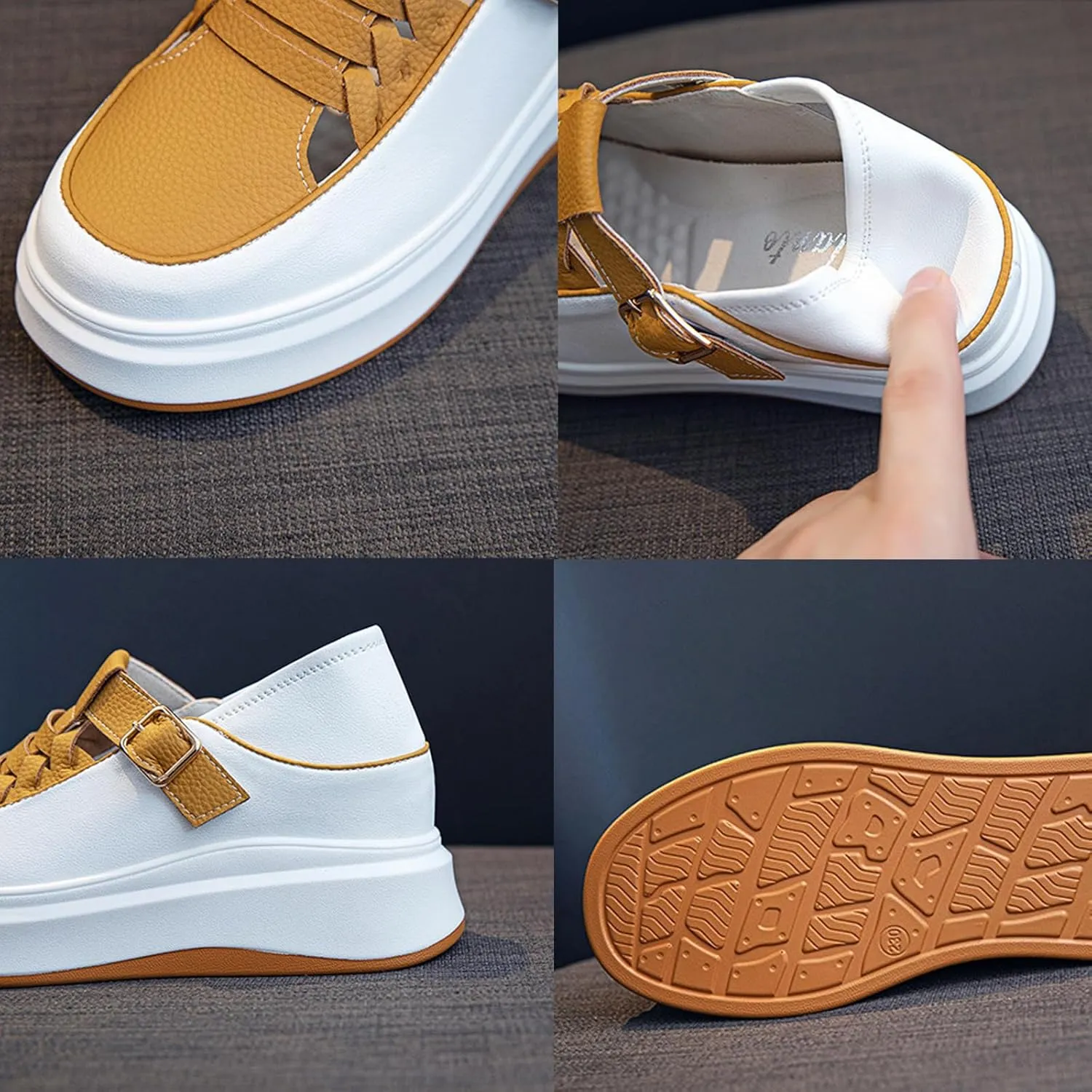 Women's Soft Leather Platform Height Increasing Sneakers,Fashion Hollow Woven Hook & Loop Breathable Round Toe Casual Walking Shoes Outdoor Comfortable Slip on Sandals