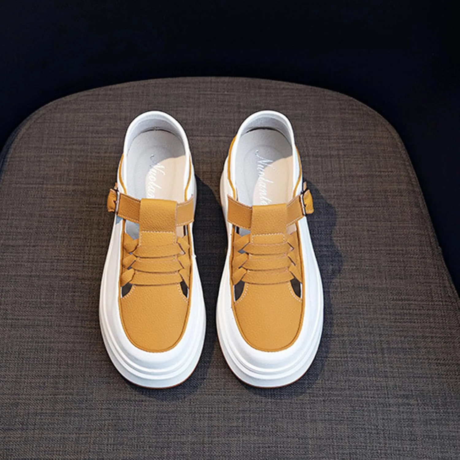 Women's Soft Leather Platform Height Increasing Sneakers,Fashion Hollow Woven Hook & Loop Breathable Round Toe Casual Walking Shoes Outdoor Comfortable Slip on Sandals