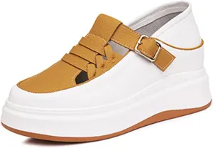 Women's Soft Leather Platform Height Increasing Sneakers,Fashion Hollow Woven Hook & Loop Breathable Round Toe Casual Walking Shoes Outdoor Comfortable Slip on Sandals