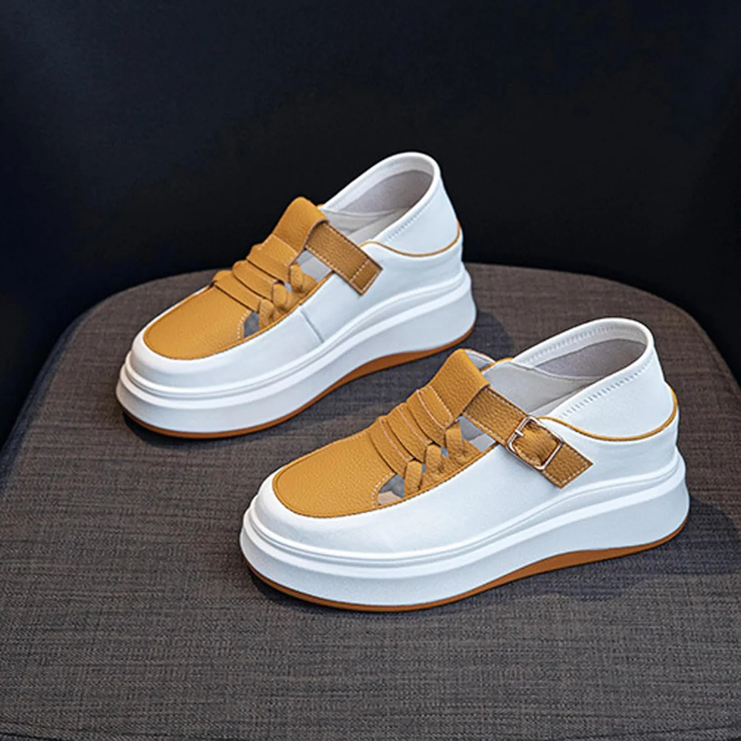 Women's Soft Leather Platform Height Increasing Sneakers,Fashion Hollow Woven Hook & Loop Breathable Round Toe Casual Walking Shoes Outdoor Comfortable Slip on Sandals