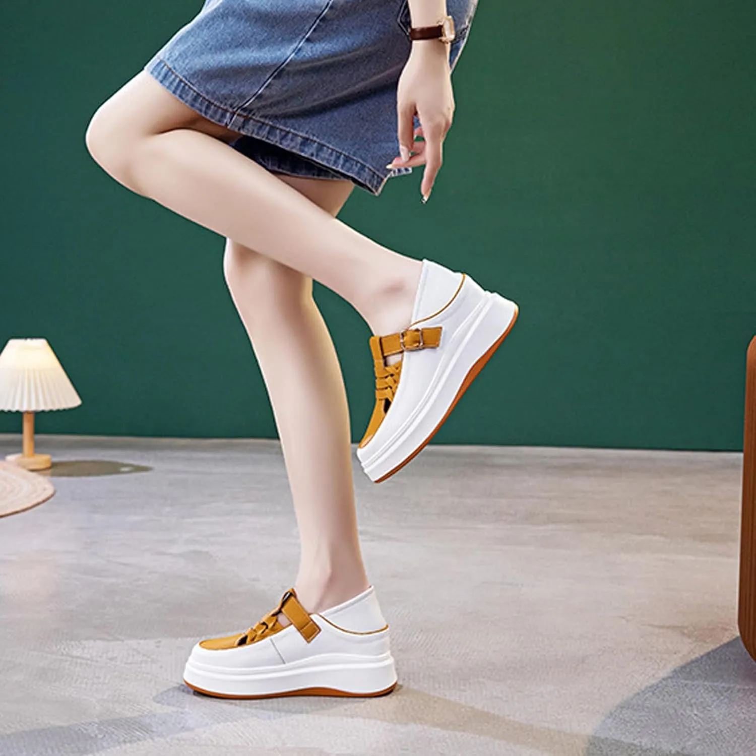 Women's Soft Leather Platform Height Increasing Sneakers,Fashion Hollow Woven Hook & Loop Breathable Round Toe Casual Walking Shoes Outdoor Comfortable Slip on Sandals