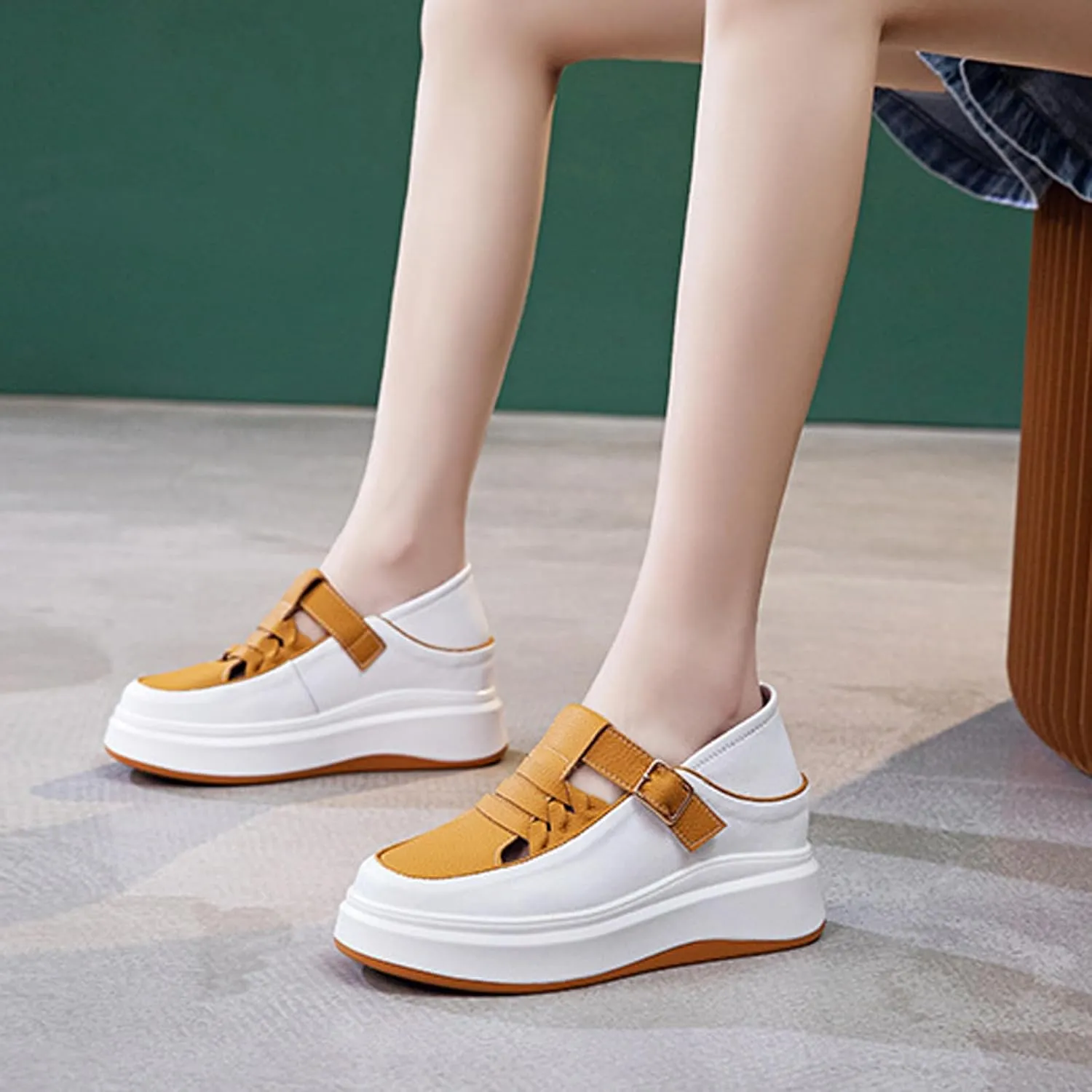 Women's Soft Leather Platform Height Increasing Sneakers,Fashion Hollow Woven Hook & Loop Breathable Round Toe Casual Walking Shoes Outdoor Comfortable Slip on Sandals