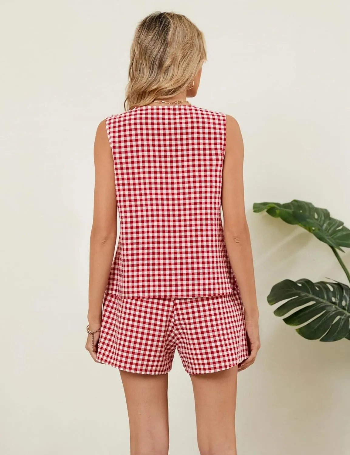 Women’s Summer 2 Piece Gingham Shorts Set,Outfits Sleeveless, Button Down V Neck Vest Waistcoat and Pockets Shorts