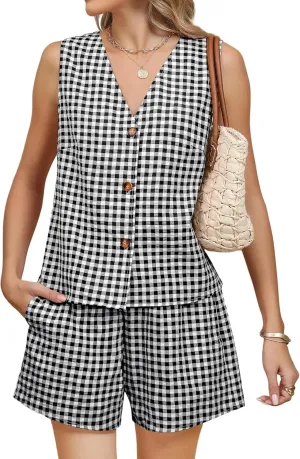 Women’s Summer 2 Piece Gingham Shorts Set,Outfits Sleeveless, Button Down V Neck Vest Waistcoat and Pockets Shorts