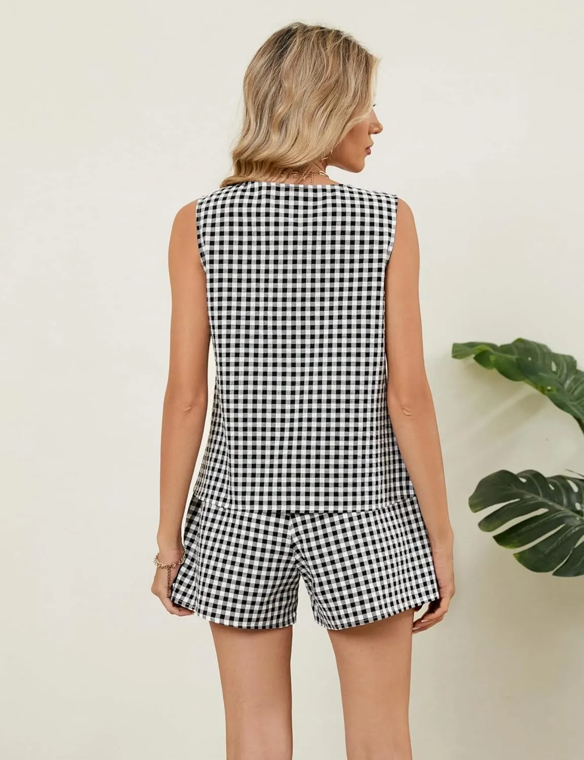 Women’s Summer 2 Piece Gingham Shorts Set,Outfits Sleeveless, Button Down V Neck Vest Waistcoat and Pockets Shorts