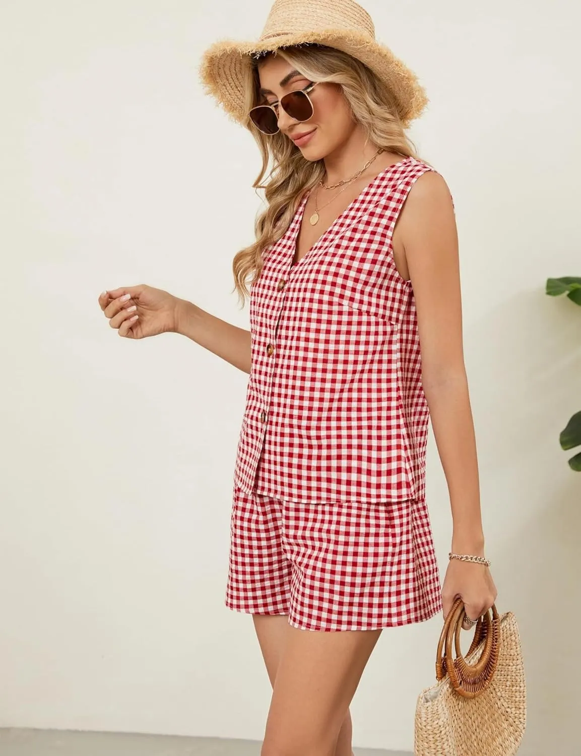 Women’s Summer 2 Piece Gingham Shorts Set,Outfits Sleeveless, Button Down V Neck Vest Waistcoat and Pockets Shorts