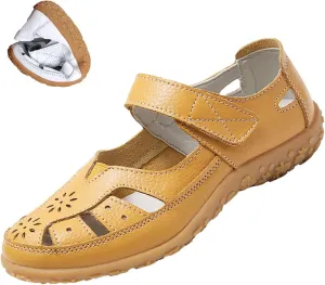 Women's Summer Casual Closed Toe Leather Sandals,Comfortable Soft Sole Ankle Strap Mary Jane Orthopedic Beach Shoes