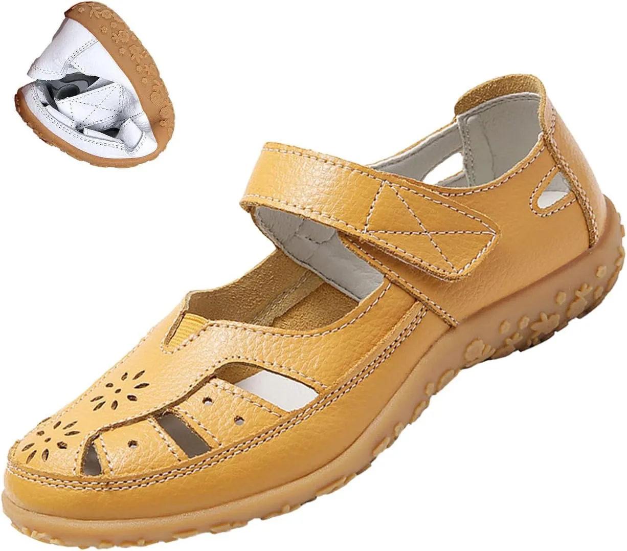 Women's Summer Casual Closed Toe Leather Sandals,Comfortable Soft Sole Ankle Strap Mary Jane Orthopedic Beach Shoes