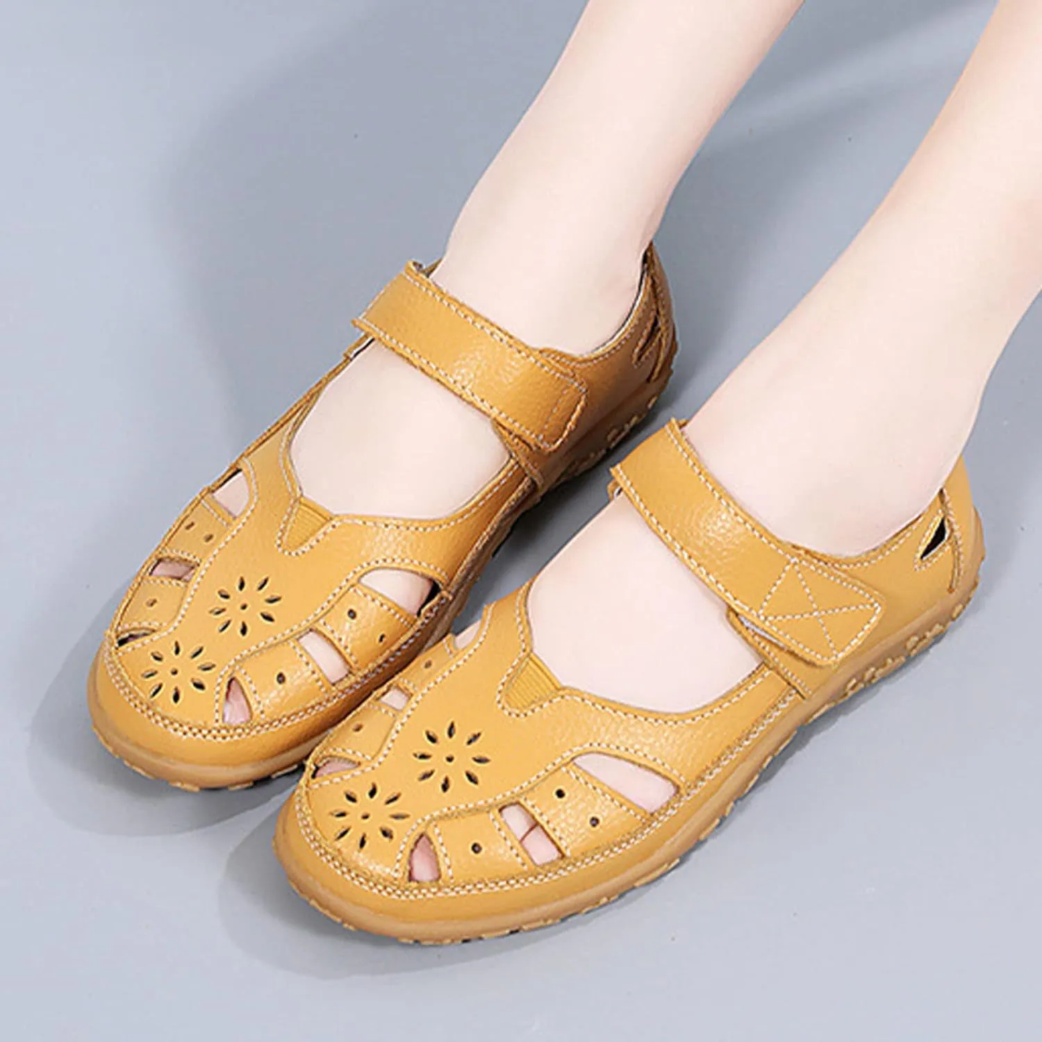 Women's Summer Casual Closed Toe Leather Sandals,Comfortable Soft Sole Ankle Strap Mary Jane Orthopedic Beach Shoes