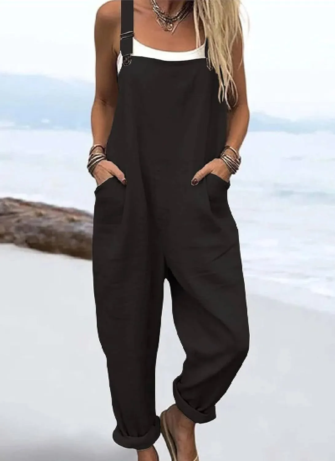 Women's Summer Jumpsuits Casual Plain Wide Leg Jumpsuit 2025 Loose Fit Overalls with Pockets for Vacation Wear