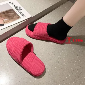 Womens Terry Cloth Open Toe Slipper Cozy and Comfortable Towelling Slippers Indoor Outdoor Flat Slide Sandals