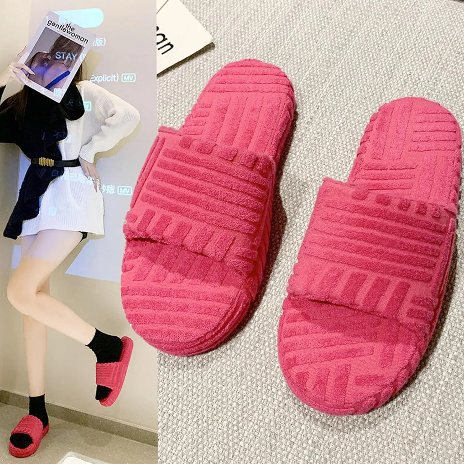 Womens Terry Cloth Open Toe Slipper Cozy and Comfortable Towelling Slippers Indoor Outdoor Flat Slide Sandals