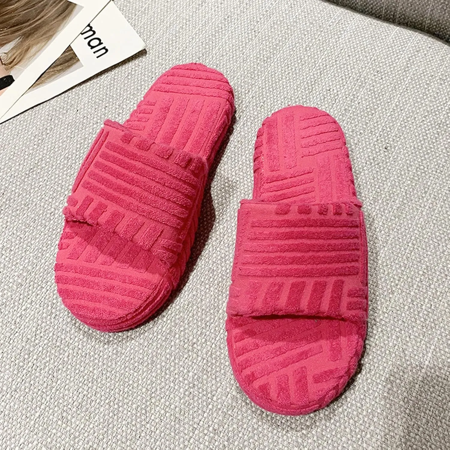 Womens Terry Cloth Open Toe Slipper Cozy and Comfortable Towelling Slippers Indoor Outdoor Flat Slide Sandals