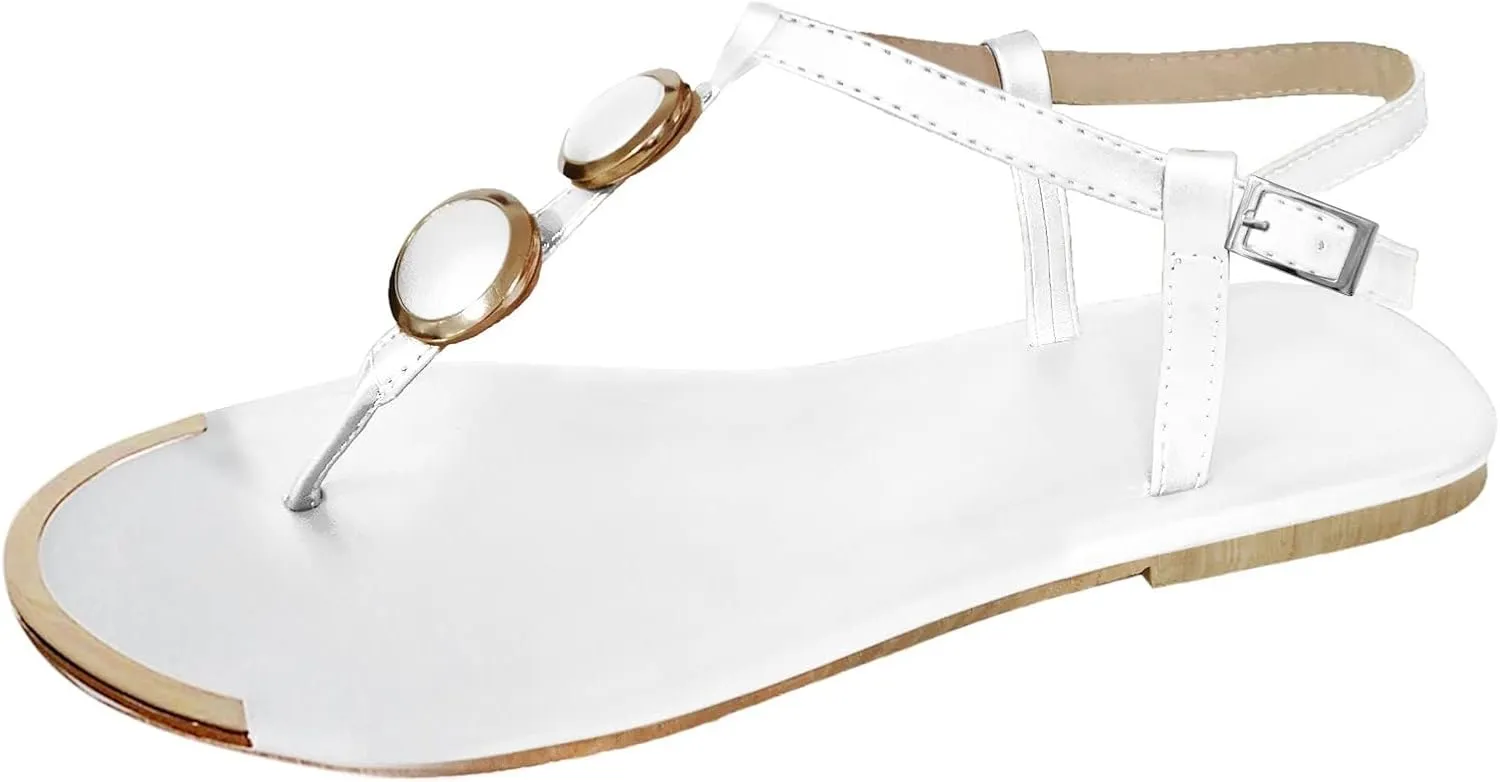 Women's Thong Flat Sandals, Comfortable Flip Flops T-Strap Dress Sandals with Adjustable Ankle Strap Leather Strappy Slip On Summer Shoes Beach Dressy Casual Slides