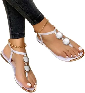Women's Thong Flat Sandals, Comfortable Flip Flops T-Strap Dress Sandals with Adjustable Ankle Strap Leather Strappy Slip On Summer Shoes Beach Dressy Casual Slides