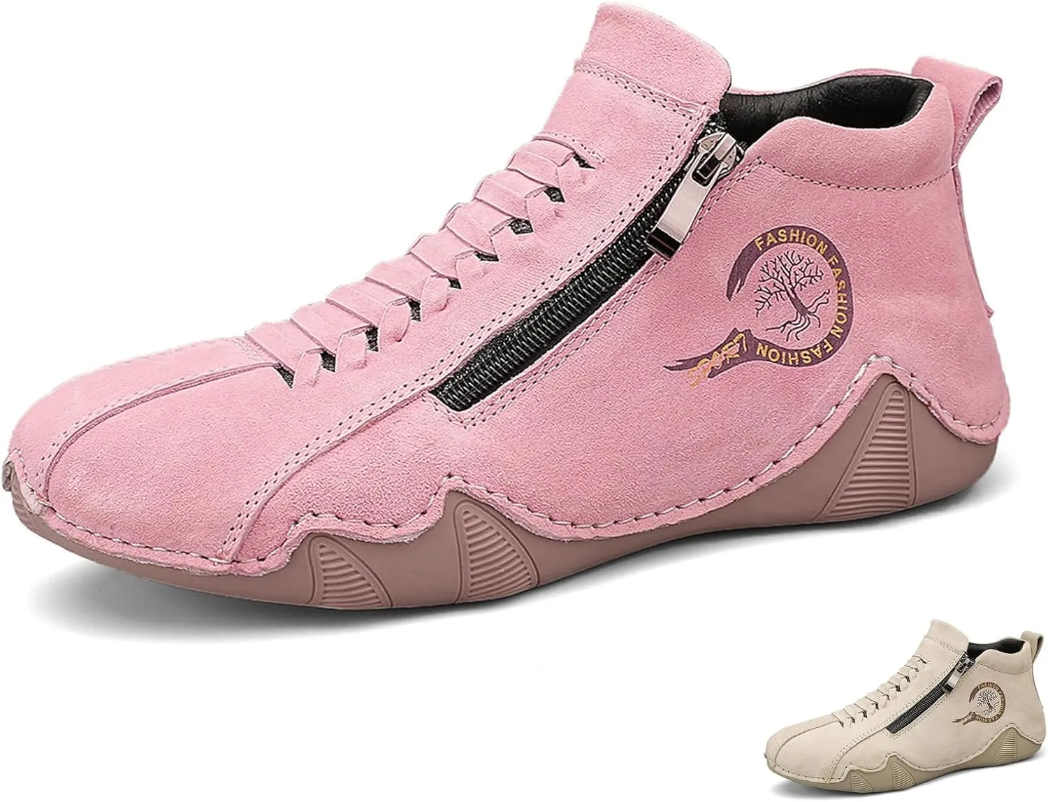 Women's Waterproof Suede Casual Ankle Boots for Hiking Camping & Driving All Season Fashion Round Toe Double Side Zipper High Top Comfortable Lightweight Outdoor Sports Sneakers
