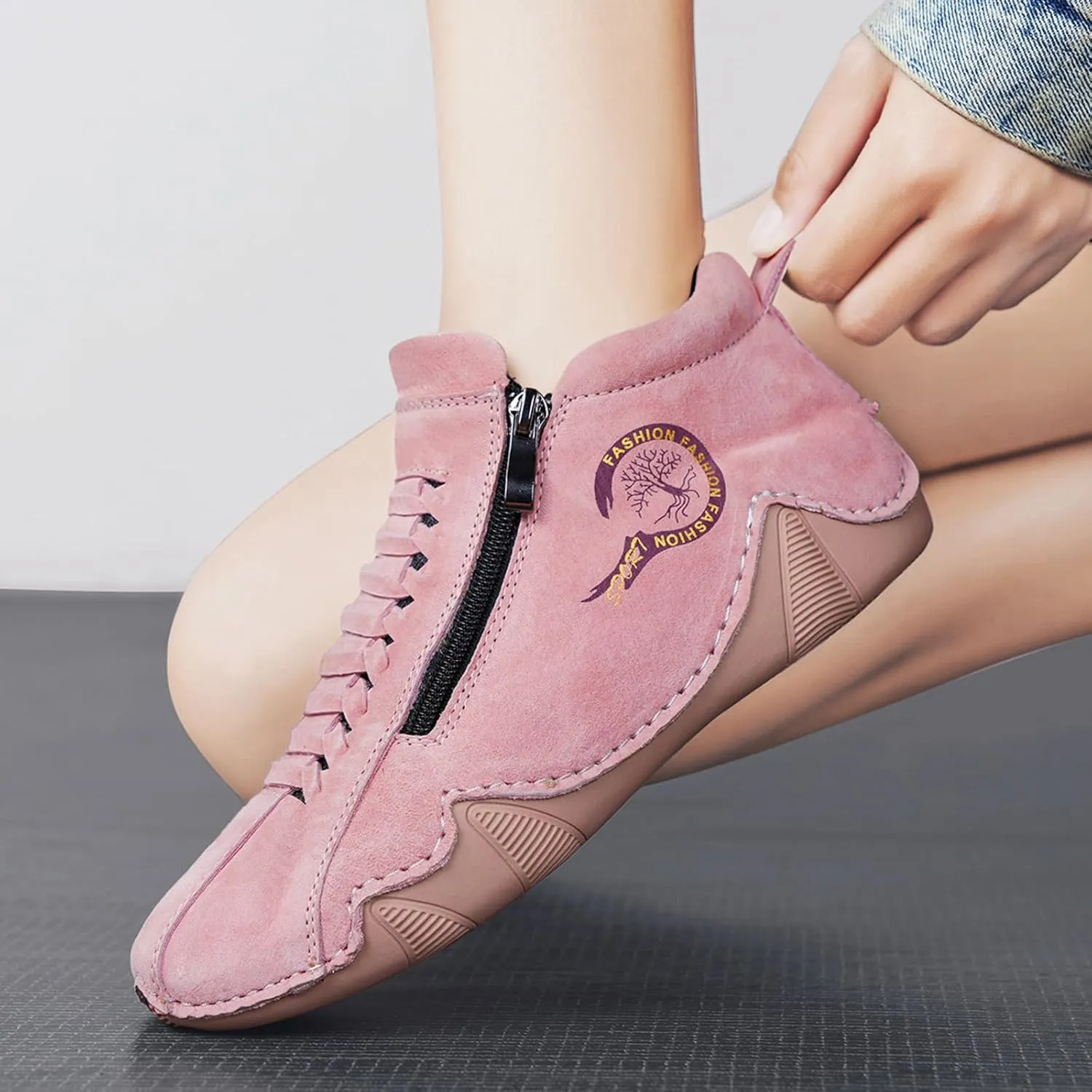 Women's Waterproof Suede Casual Ankle Boots for Hiking Camping & Driving All Season Fashion Round Toe Double Side Zipper High Top Comfortable Lightweight Outdoor Sports Sneakers