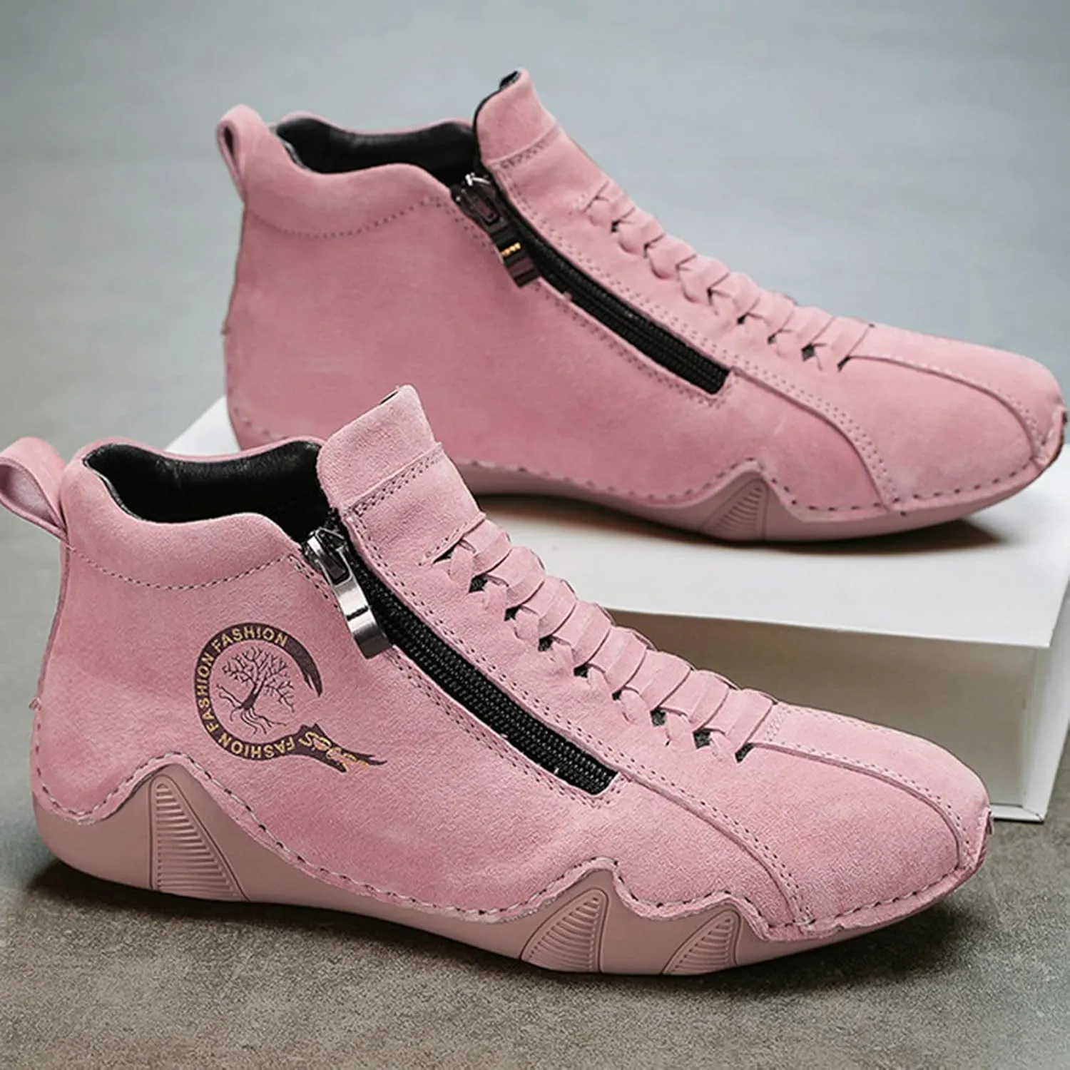 Women's Waterproof Suede Casual Ankle Boots for Hiking Camping & Driving All Season Fashion Round Toe Double Side Zipper High Top Comfortable Lightweight Outdoor Sports Sneakers