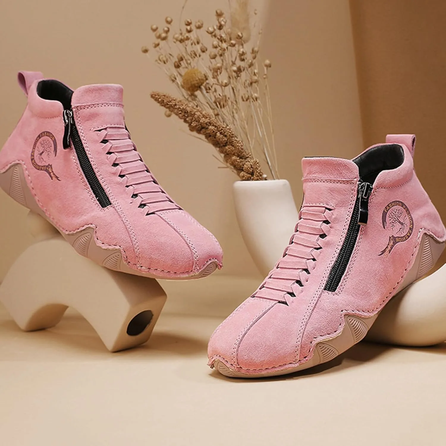 Women's Waterproof Suede Casual Ankle Boots for Hiking Camping & Driving All Season Fashion Round Toe Double Side Zipper High Top Comfortable Lightweight Outdoor Sports Sneakers