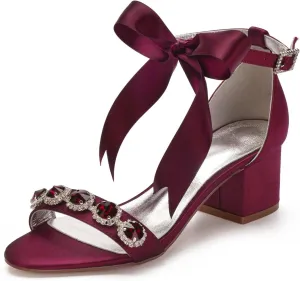 Women's Wedding Shoes for Bride Chunky Heeled Sandals Rhinestones Block Bridal Shoes with Ribbon Tie