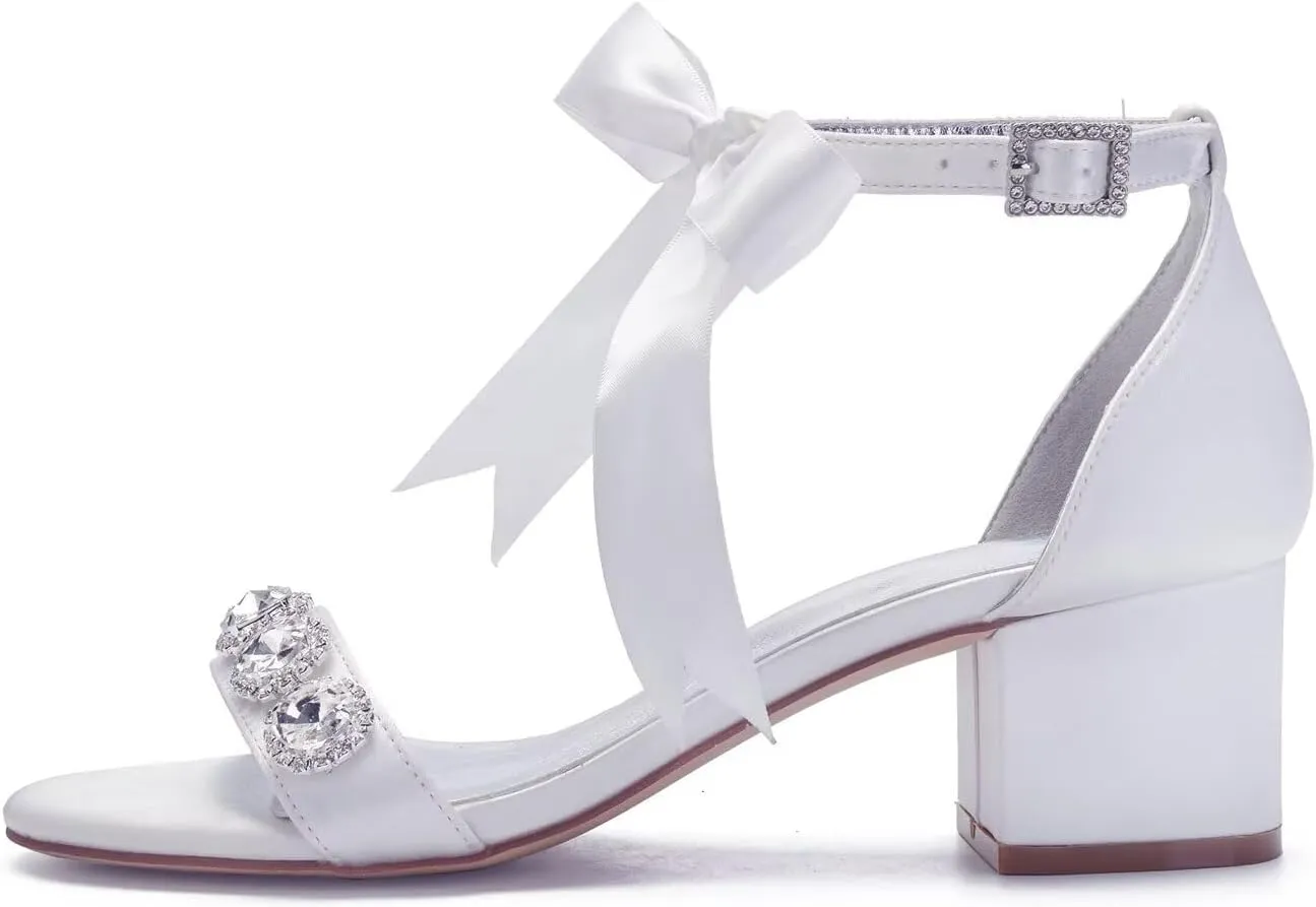 Women's Wedding Shoes for Bride Chunky Heeled Sandals Rhinestones Block Bridal Shoes with Ribbon Tie
