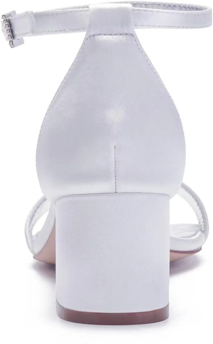 Women's Wedding Shoes for Bride Chunky Heeled Sandals Rhinestones Block Bridal Shoes with Ribbon Tie