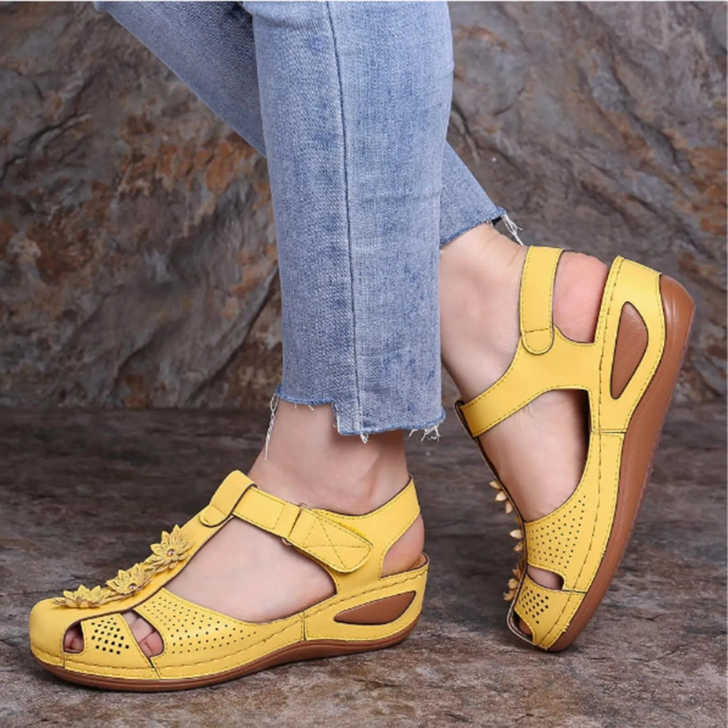 Womens Wedge Sandals Summer Closed Toe for Women Dressy Wedges Casual Hollow Out Orthopedic Shoes Comfy Bohemia Gladiator Ankle Strap Slip On Platform Sandals Comfort Orthotic Breathable Sandal