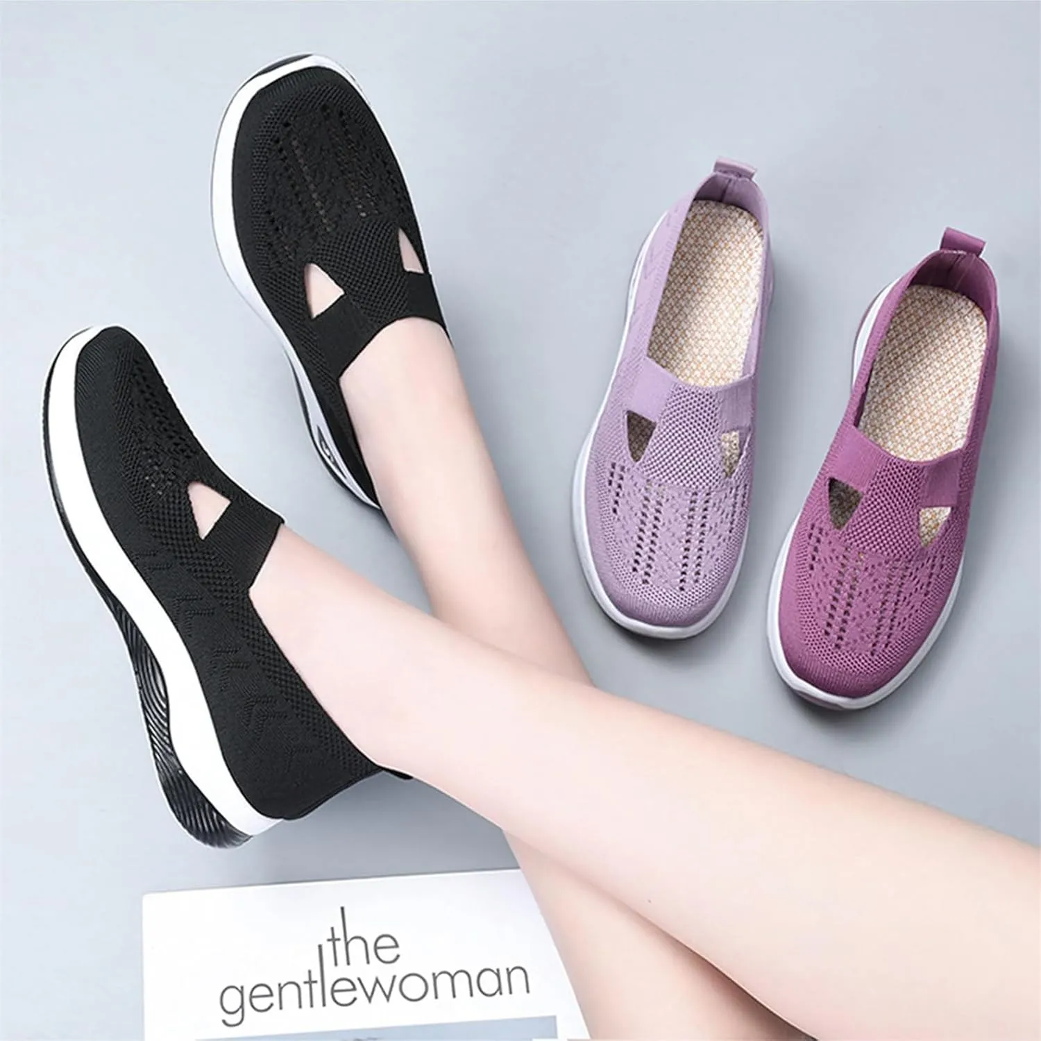 Women's Woven Breathable Soft Sole Shoes, Hands Free Mesh Slip in Sneakers Arch Support, Anti-Skid Sports Shoes