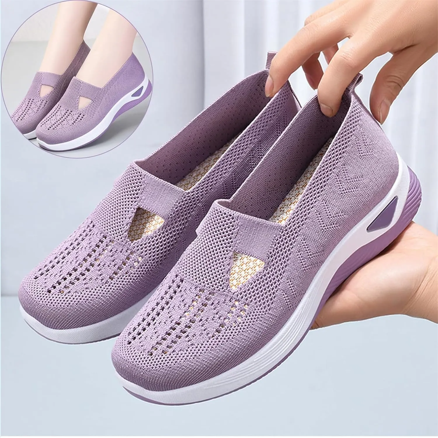 Women's Woven Breathable Soft Sole Shoes, Hands Free Mesh Slip in Sneakers Arch Support, Anti-Skid Sports Shoes
