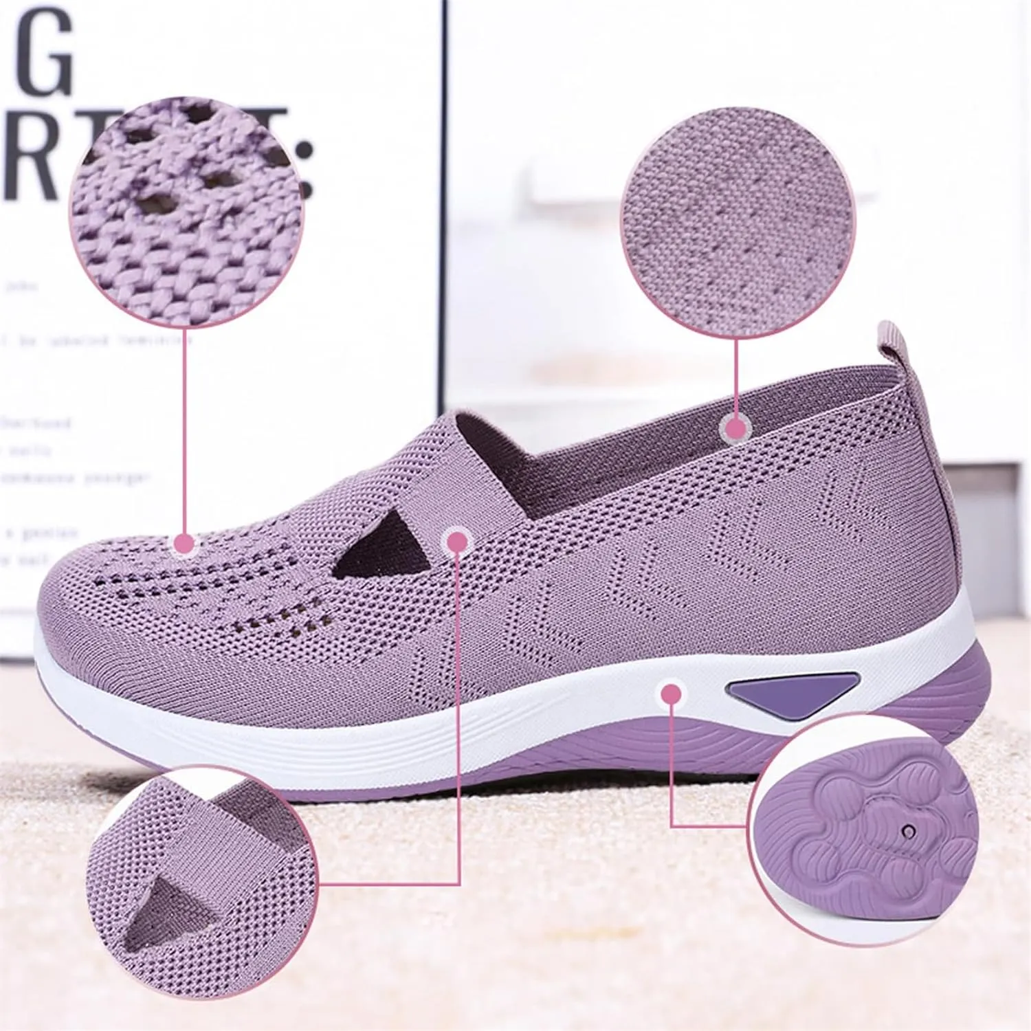 Women's Woven Breathable Soft Sole Shoes, Hands Free Mesh Slip in Sneakers Arch Support, Anti-Skid Sports Shoes
