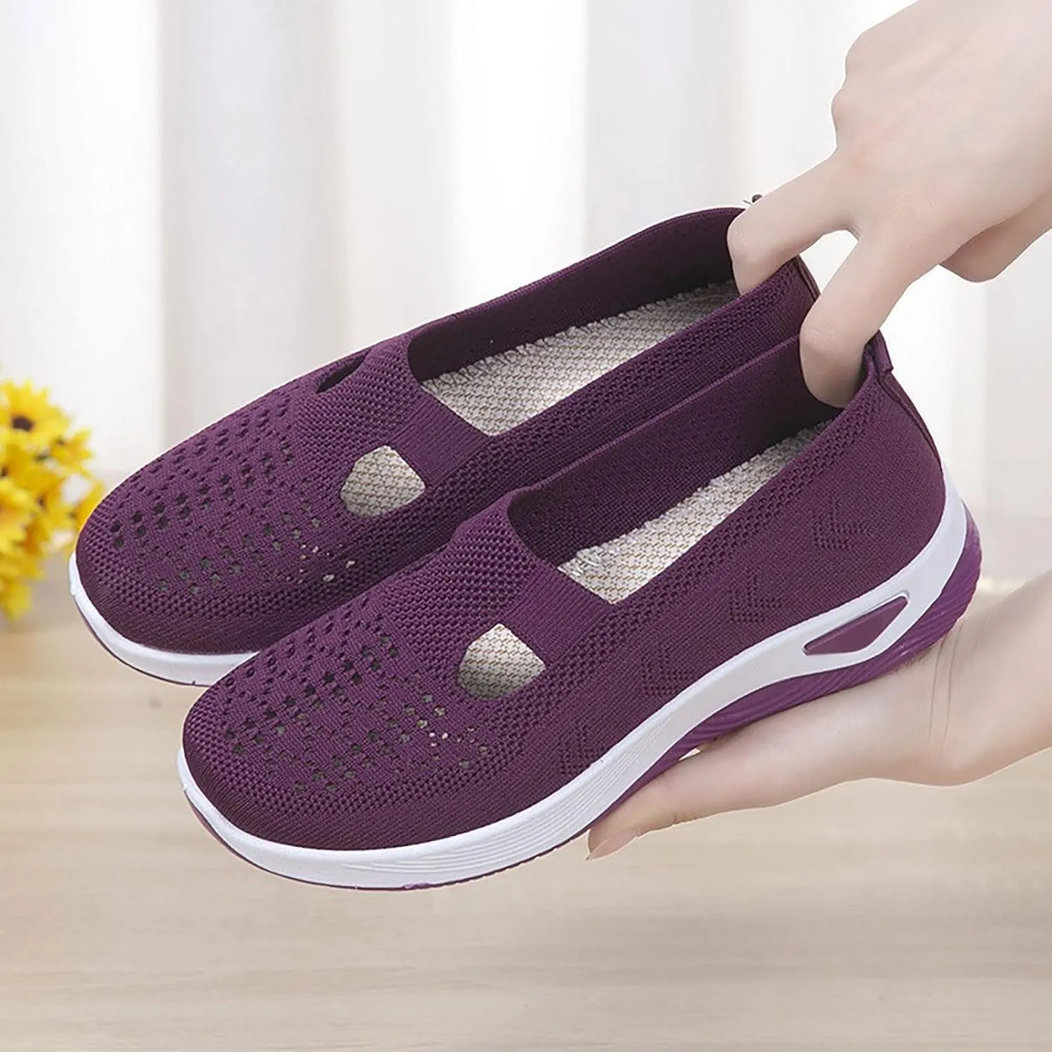Women's Woven Orthopedic Breathable Soft Shoes Fashion Lightweight Go Walk Shoes for Women Mesh Breathable Hands Free Slip in Sneakers with Arch Support