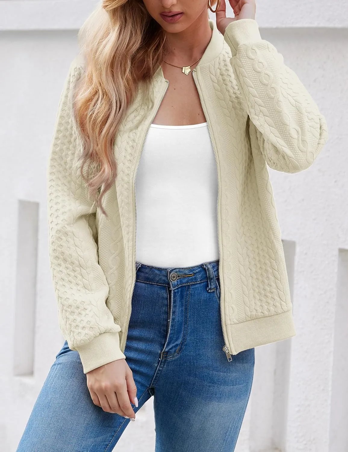 Women's Zip Up Cardigan Sweater Cable Hoodies Long Sleeve Jacket Outfits Crewneck Casual Coat