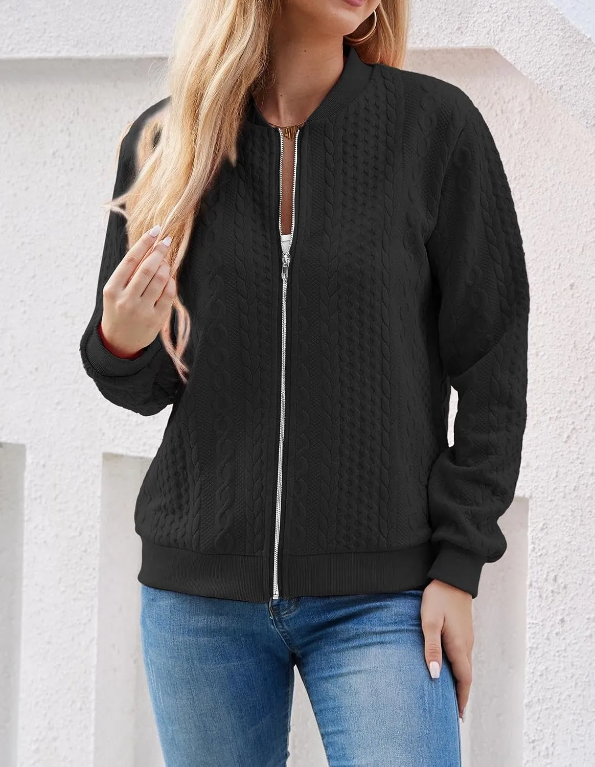 Women's Zip Up Cardigan Sweater Cable Hoodies Long Sleeve Jacket Outfits Crewneck Casual Coat