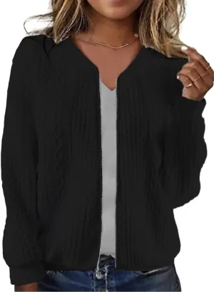 Women's Zip Up Cardigan Sweater Cable Hoodies Long Sleeve Jacket Outfits Crewneck Casual Coat