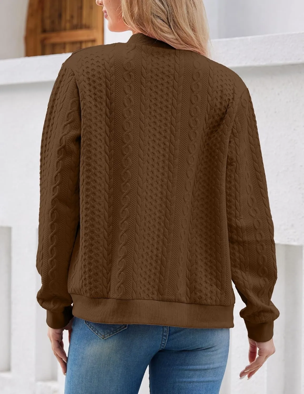 Women's Zip Up Cardigan Sweater Cable Hoodies Long Sleeve Jacket Outfits Crewneck Casual Coat