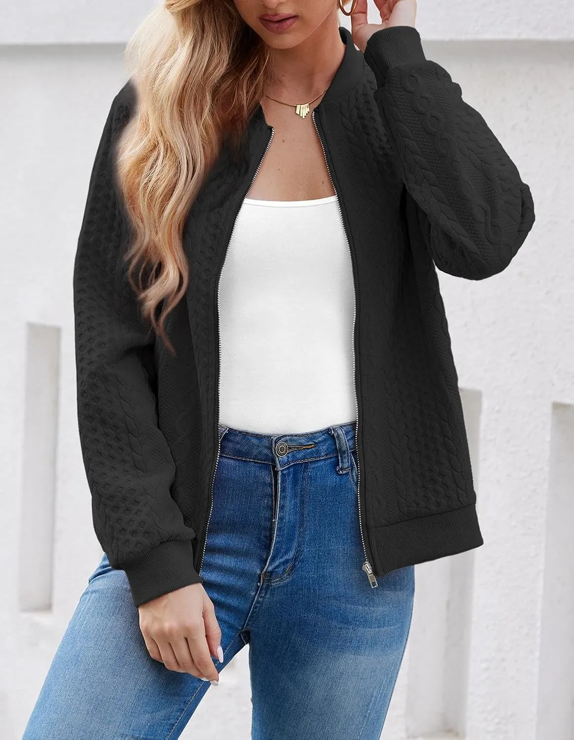 Women's Zip Up Cardigan Sweater Cable Hoodies Long Sleeve Jacket Outfits Crewneck Casual Coat
