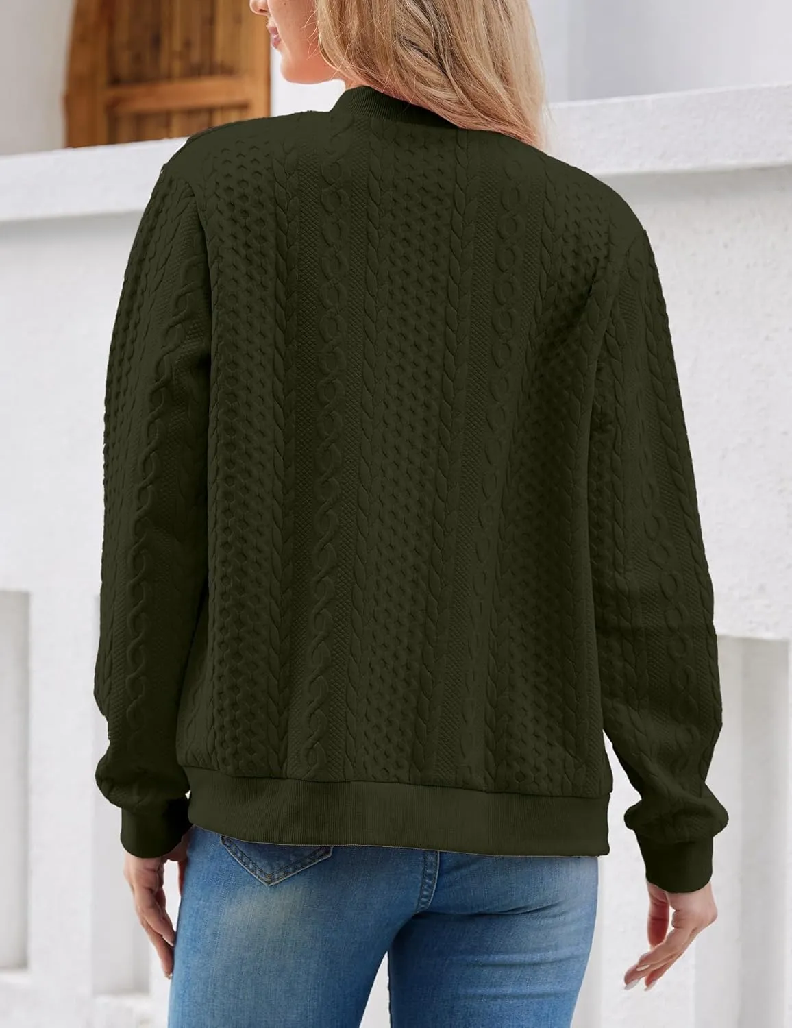 Women's Zip Up Cardigan Sweater Cable Hoodies Long Sleeve Jacket Outfits Crewneck Casual Coat