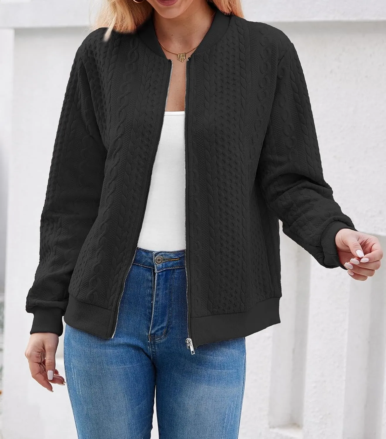 Women's Zip Up Cardigan Sweater Cable Hoodies Long Sleeve Jacket Outfits Crewneck Casual Coat