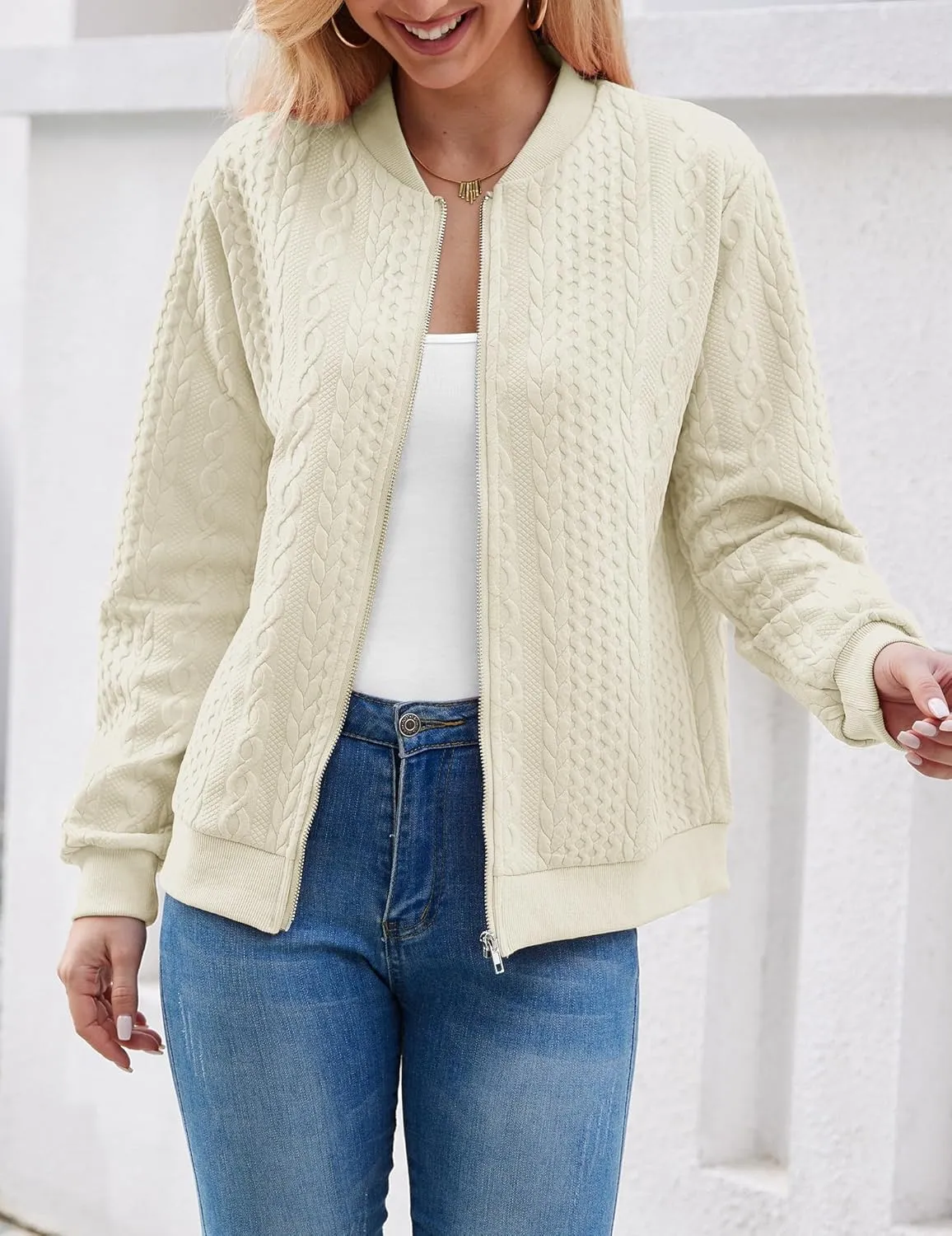Women's Zip Up Cardigan Sweater Cable Hoodies Long Sleeve Jacket Outfits Crewneck Casual Coat