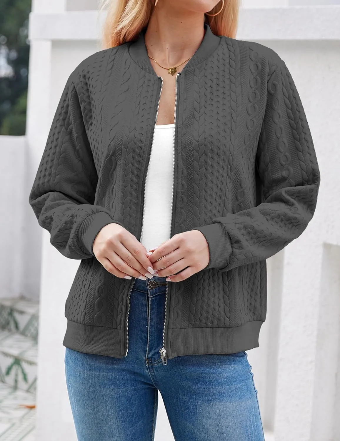 Women's Zip Up Cardigan Sweater Cable Hoodies Long Sleeve Jacket Outfits Crewneck Casual Coat