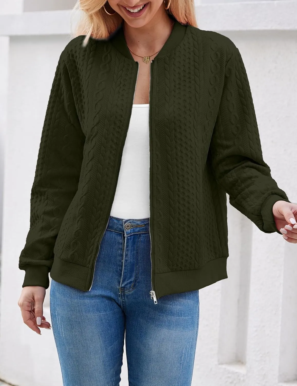 Women's Zip Up Cardigan Sweater Cable Hoodies Long Sleeve Jacket Outfits Crewneck Casual Coat