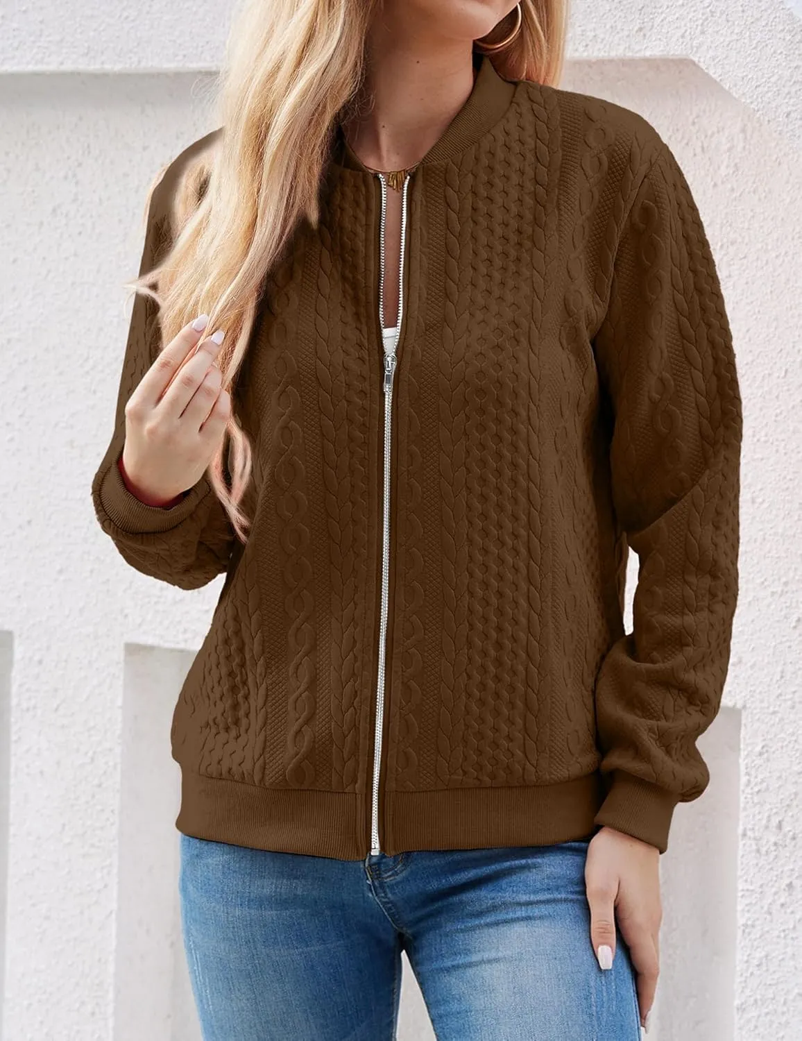 Women's Zip Up Cardigan Sweater Cable Hoodies Long Sleeve Jacket Outfits Crewneck Casual Coat