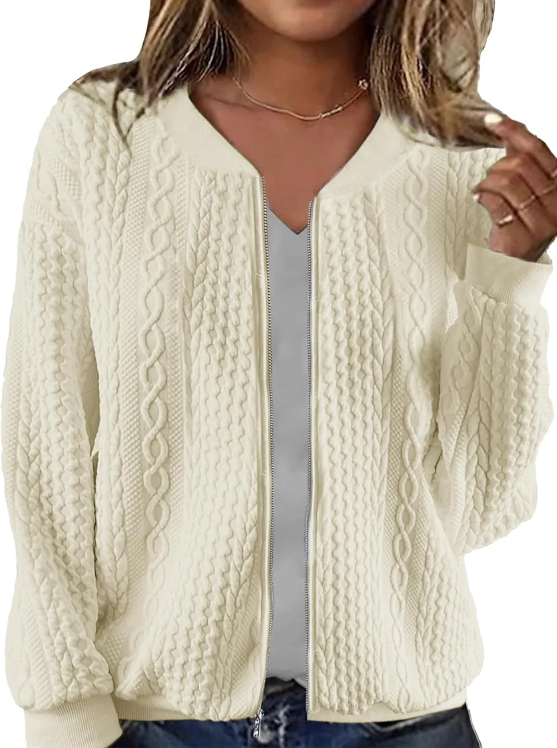 Women's Zip Up Cardigan Sweater Cable Hoodies Long Sleeve Jacket Outfits Crewneck Casual Coat