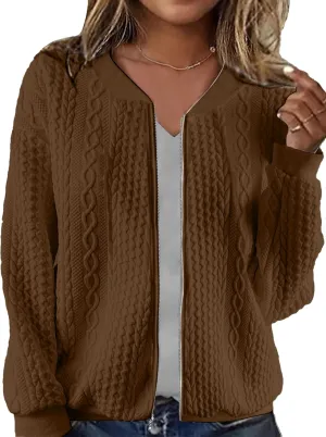 Women's Zip Up Cardigan Sweater Cable Hoodies Long Sleeve Jacket Outfits Crewneck Casual Coat